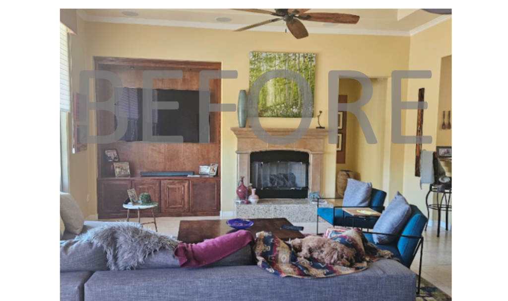 Media wall with yellow paint, Tuscan style fireplace and traditional wood media niche- Before makeover.