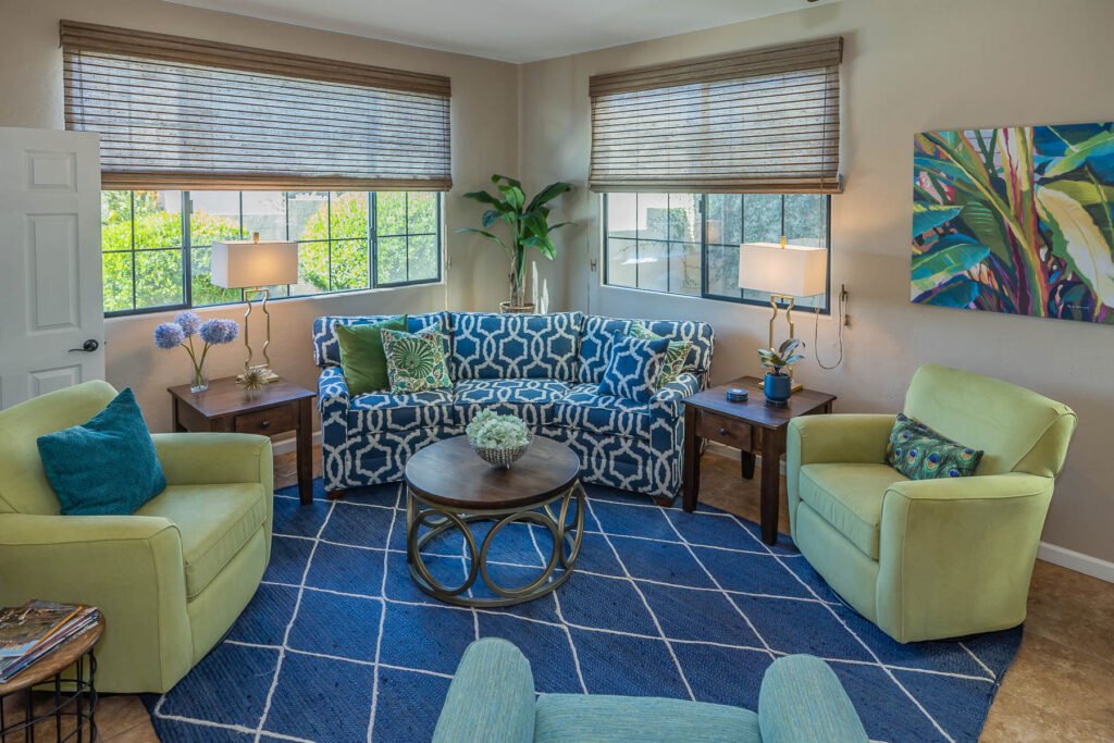 colorful blue and green living room