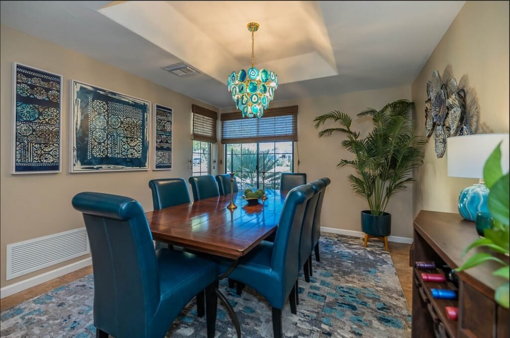 Dining Room with geode chandelier