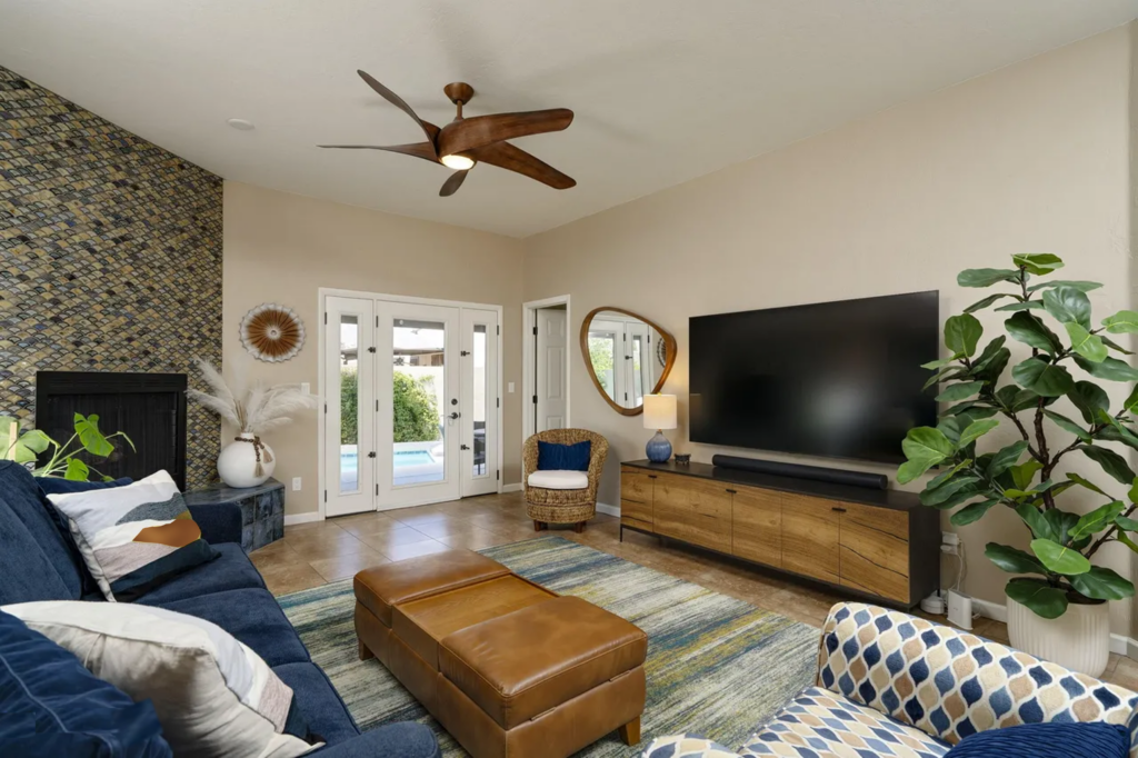 Accessories and tile set the tone in this blue and yellow family room.