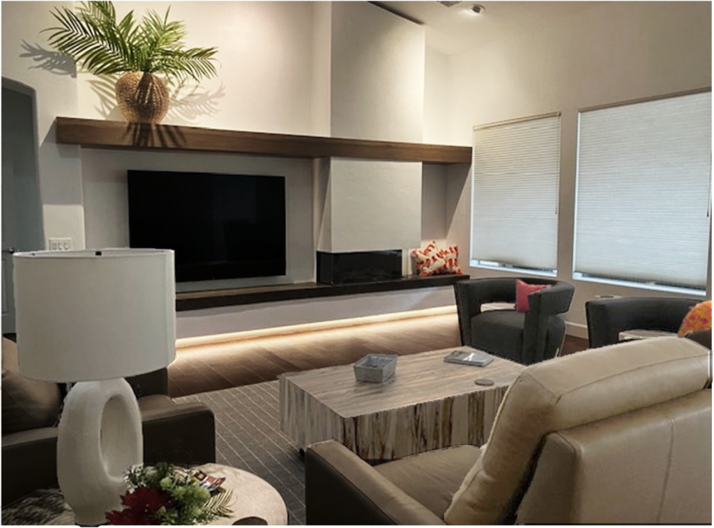 fireplace and media wall in minimal design with whites and pops of color.