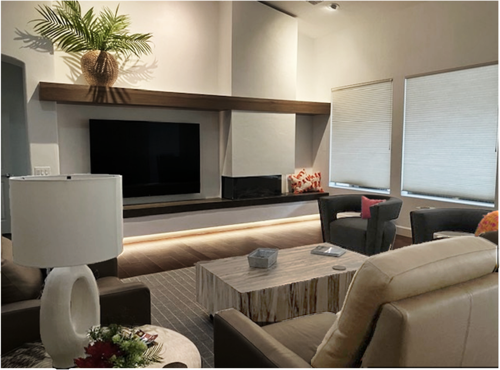 fireplace and media wall in minimal design with whites and pops of color.