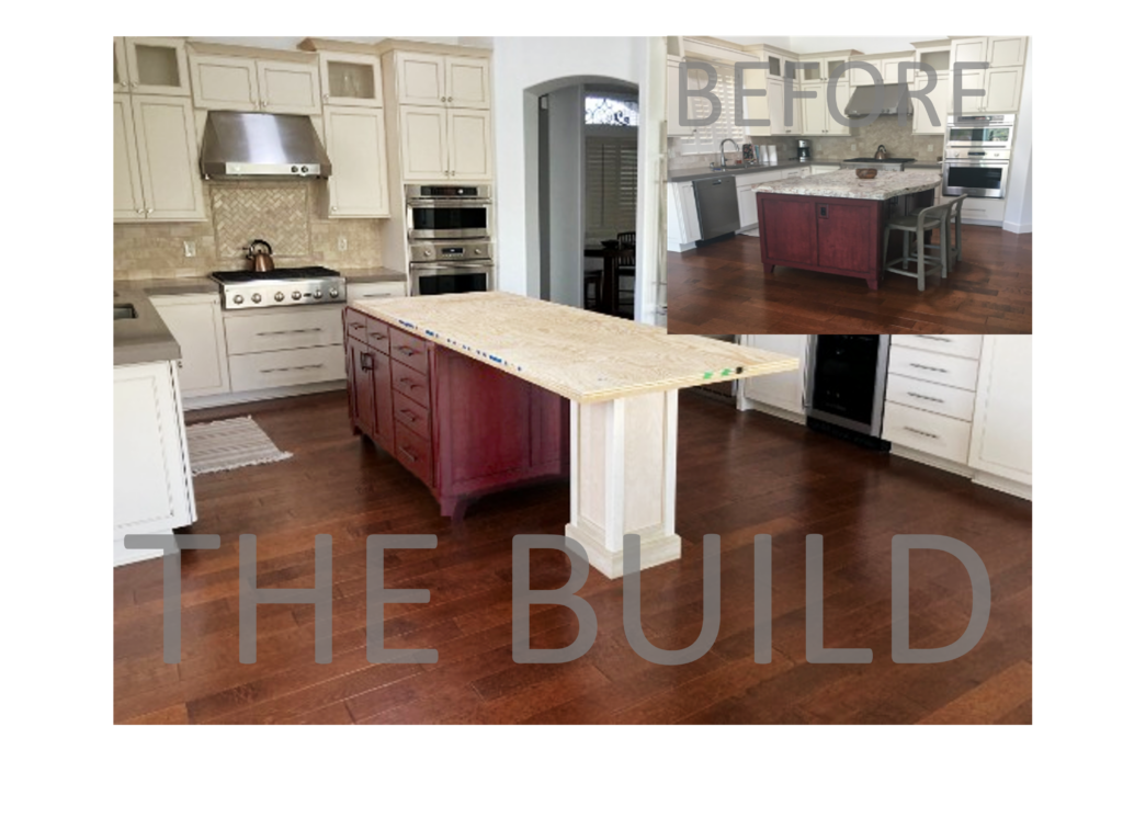 Island remodel during construction with new leg and before