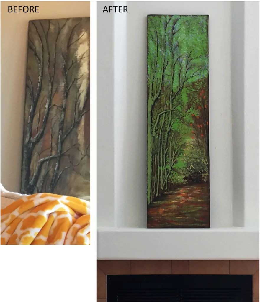 painting of trees in dark olive tones is repainted to brighter greens using the same tree structure