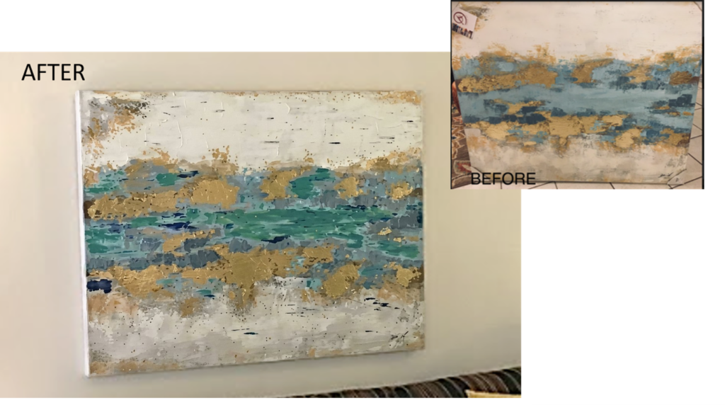 Reinvent Your Art For A Fresh New Look Abstract art print before and after shows results of paint makeover in teals, golds, blues and creams.